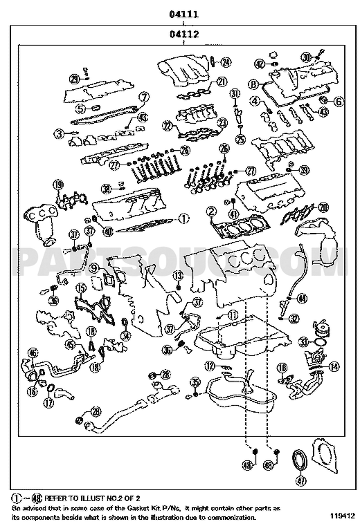 موضع طقم وجيه المحرك 04111-0P065 في مخطط القطع | Engine overhaul gasket kit EPC
