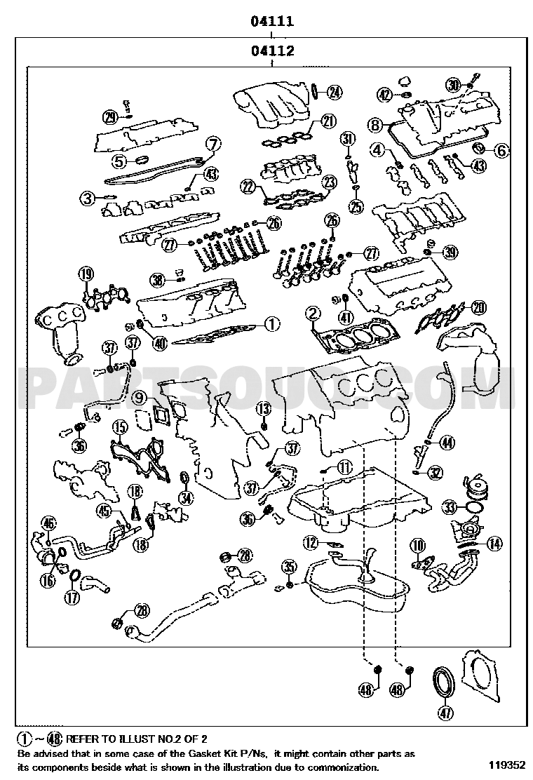 موضع طقم وجيه المحرك 04111-0P182 في مخطط القطع | Engine overhaul gasket kit EPC
