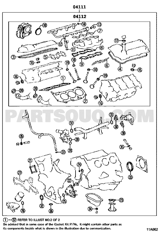 موضع طقم الوجيه 04111-31343 في مخطط محرك تويوتا | Toyota 1GR-FE gasket EPC diagram
