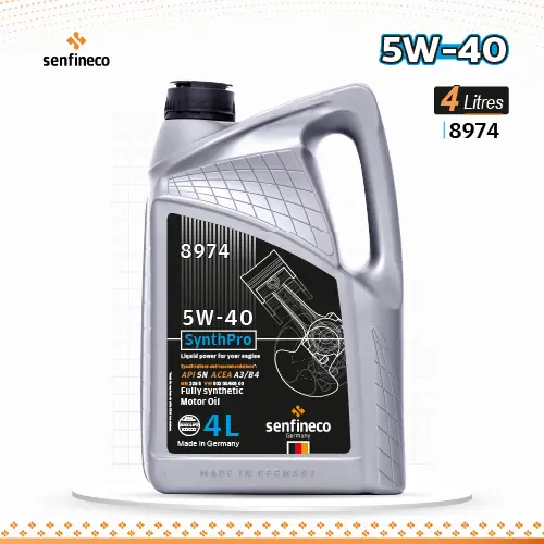 Gray 4L Senfineco motor oil bottle, 5W-40 SynthPro SN MB229.5