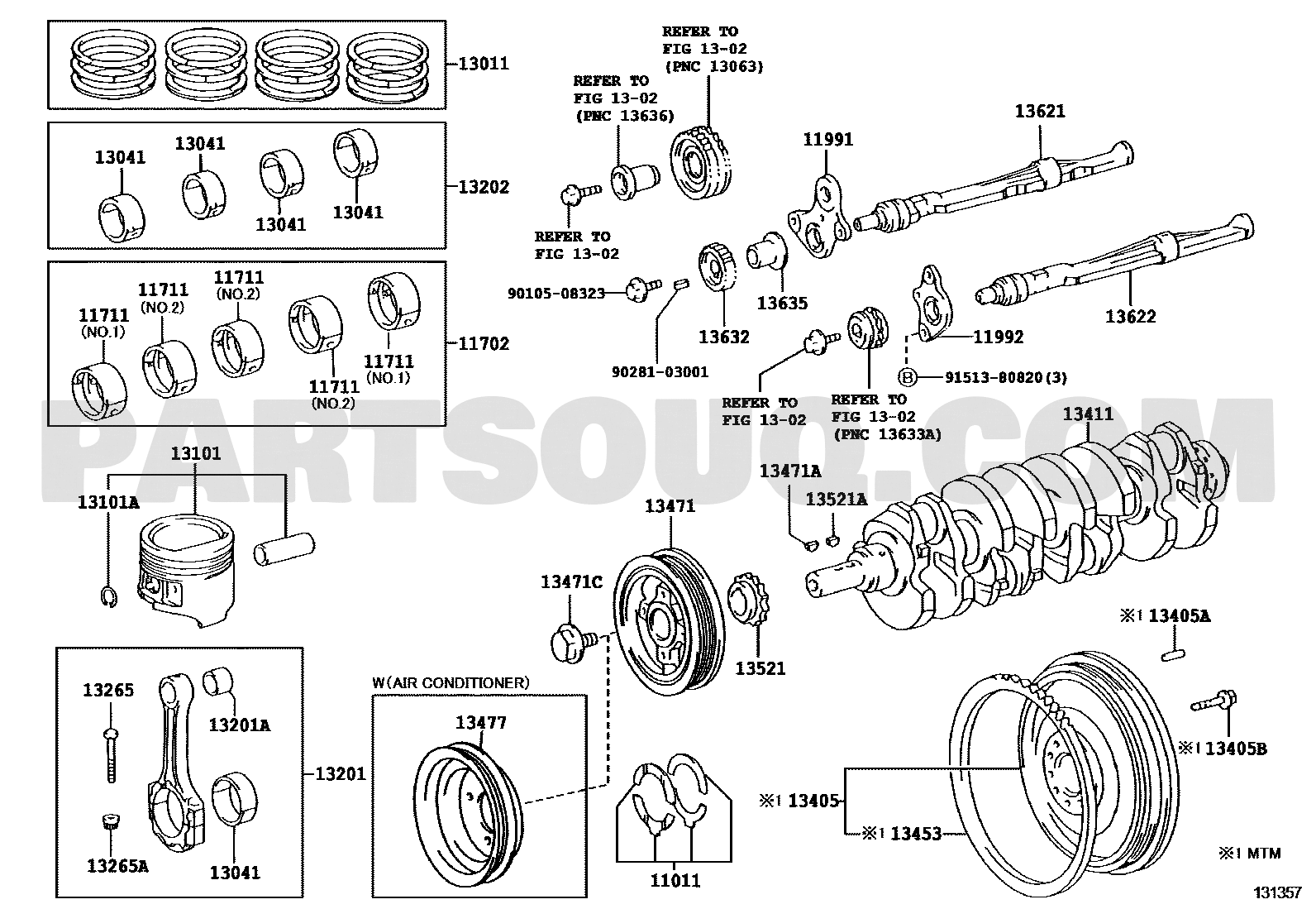موضع طقم الشنابر 13013-75041 في مخطط محرك تويوتا | Toyota engine piston ring EPC diagram