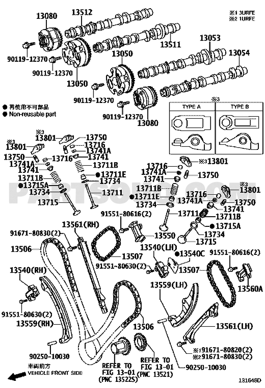 موضع ترس VVT للعادم يسار في مخطط المحرك 13080-38021 | Exhaust LH camshaft timing gear diagram