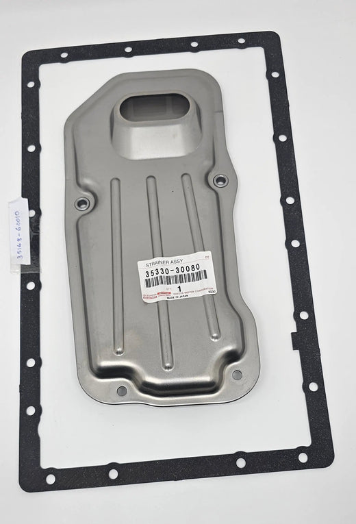 Toyota strainer assembly 35330-30080; gray metal housing with black gasket for engine oil circulation
