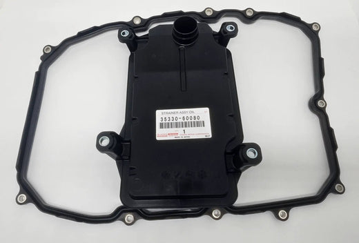 Oil strainer assembly 35330-60080 for Toyota Land Cruiser LX570; black plastic housing with gasket