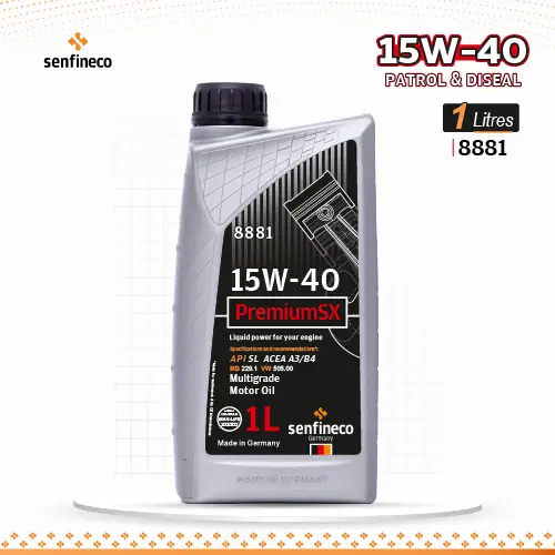 Senfineco 15W-40 PremiumSX SL engine oil bottle, 1 L, conventional motor oil.