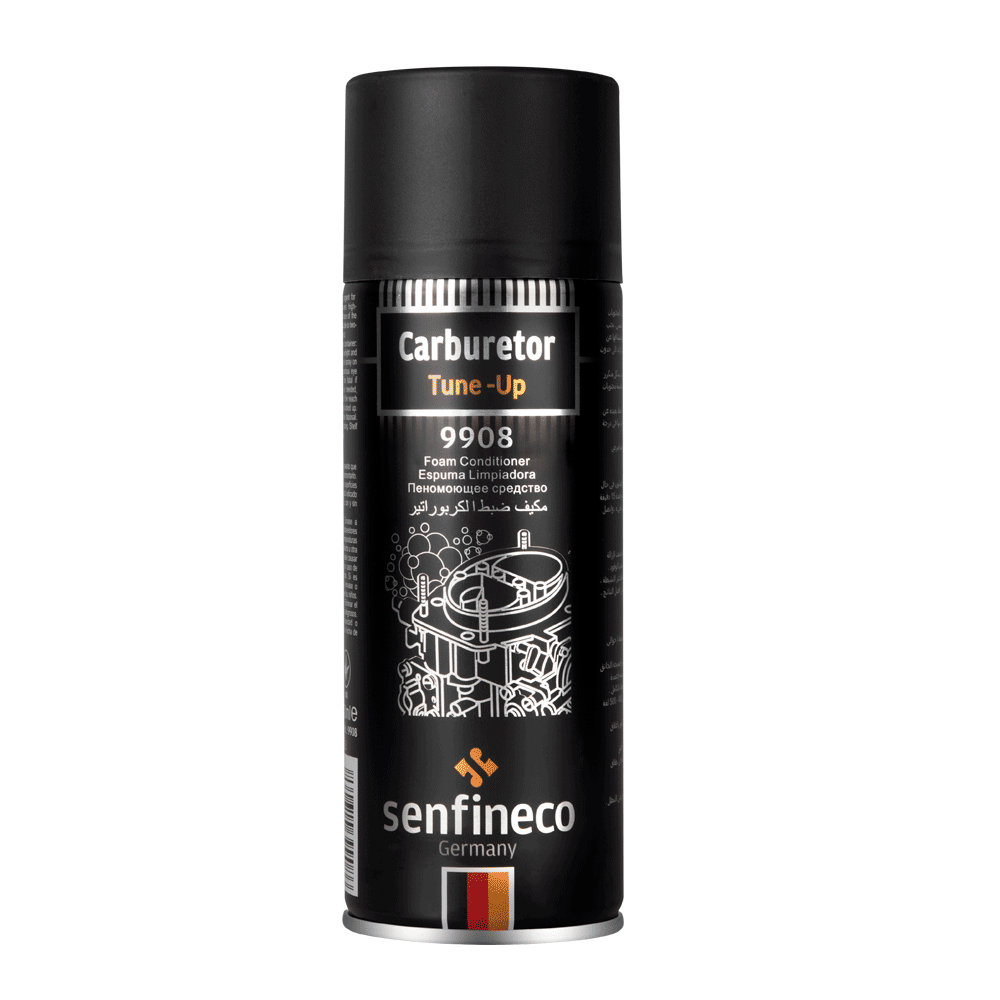 Carburetor Tune-Up Foam Cleaner 9908 من senfineco Germany في عبوة بخاخ سوداء مع شعار الشركة
