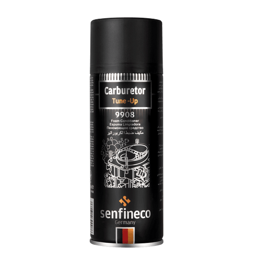 Carburetor Tune-Up Foam Cleaner 9908 من senfineco Germany في عبوة بخاخ سوداء مع شعار الشركة