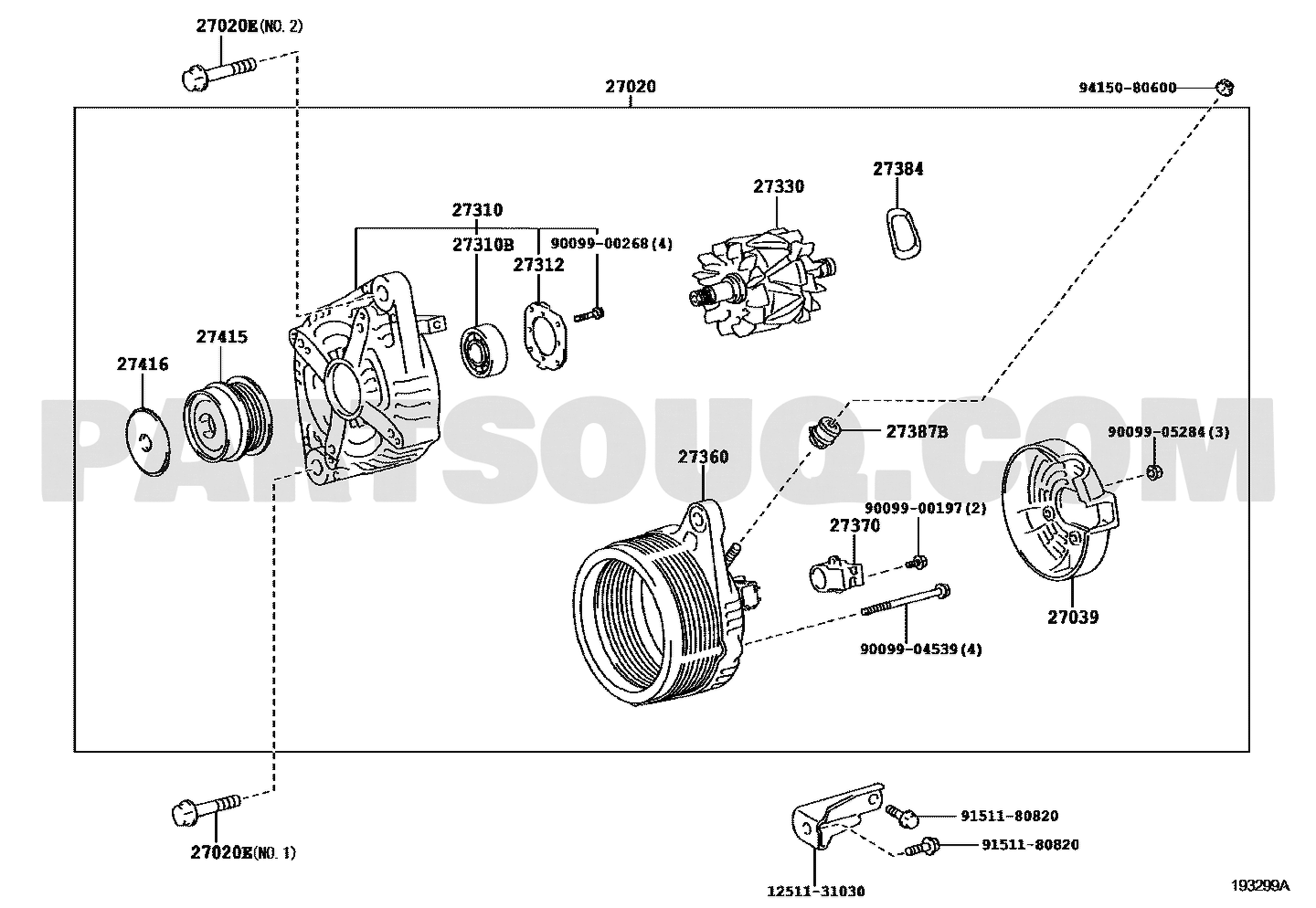 مخطط موضع بكرة الدينمو 27415-0W131 | Toyota EPC alternator pulley location