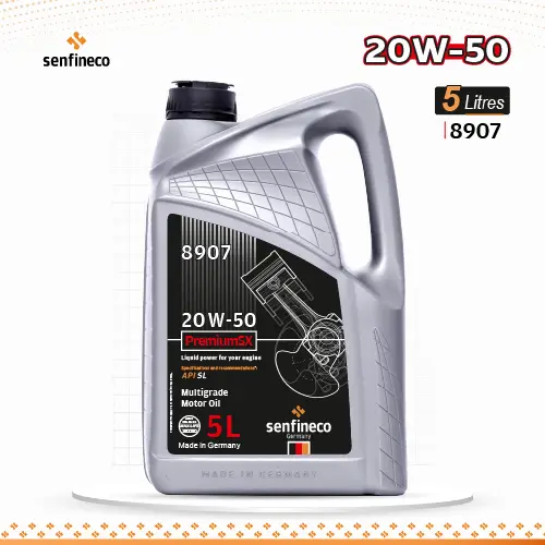 5L engine oil bottle, 20W-50 PremiumSX SL, model 8907 with Senfineco logo.