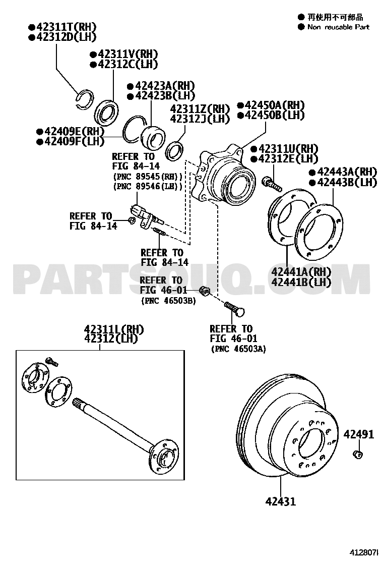 موضع هوب ورمان الخلفي يسار في مخطط لاندكروزر 42460-60030 | Land Cruiser rear LH hub bearing diagram