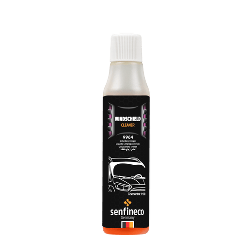 Windshield washer fluid 9964 by Senfineco Germany; black label bottle with white cap and orange base