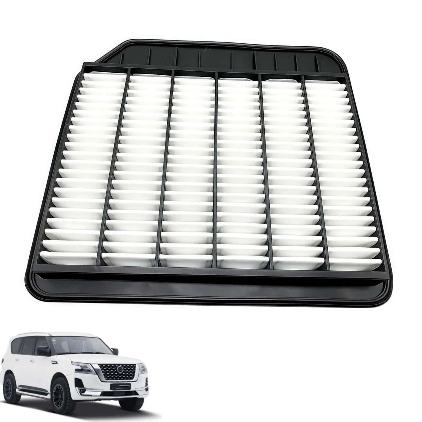 فلتر هواء لنيسان باترول Y62 2010–2020 وإنفينيتي QX56/QX80 SEN 16546-1LK0E؛ إطار أسود وفلتر أبيض مطوي