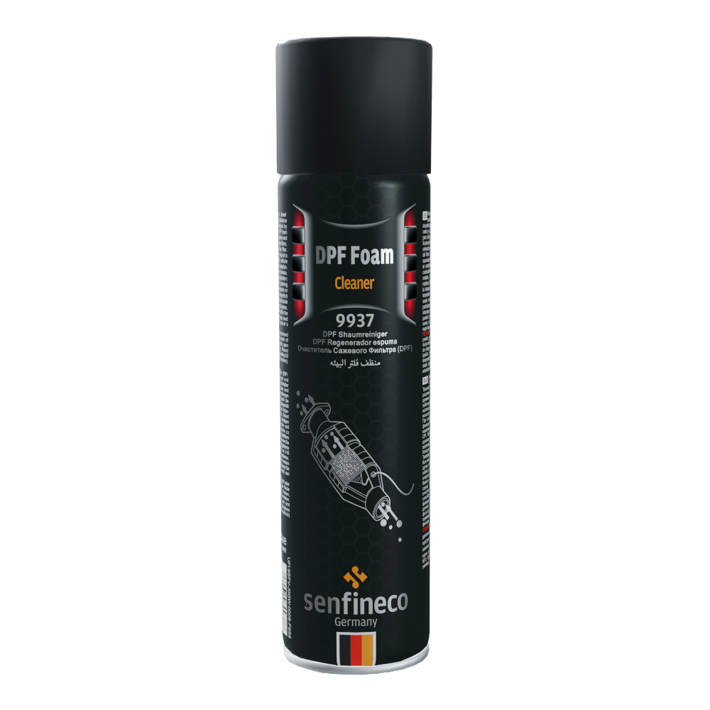 DPF Foam Cleaner 9937 spray can, Senfineco Germany brand, black label with orange Cleaner text
