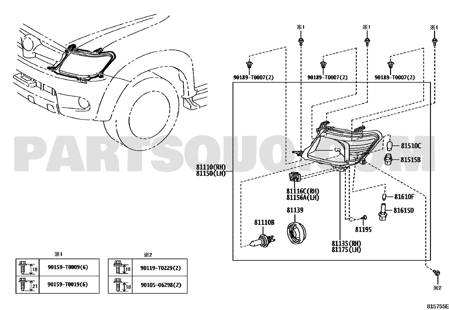 موضع الشمعة الأمامية يمين 81130-0K390 في مخطط هايلكس | Toyota Hilux headlamp EPC diagram