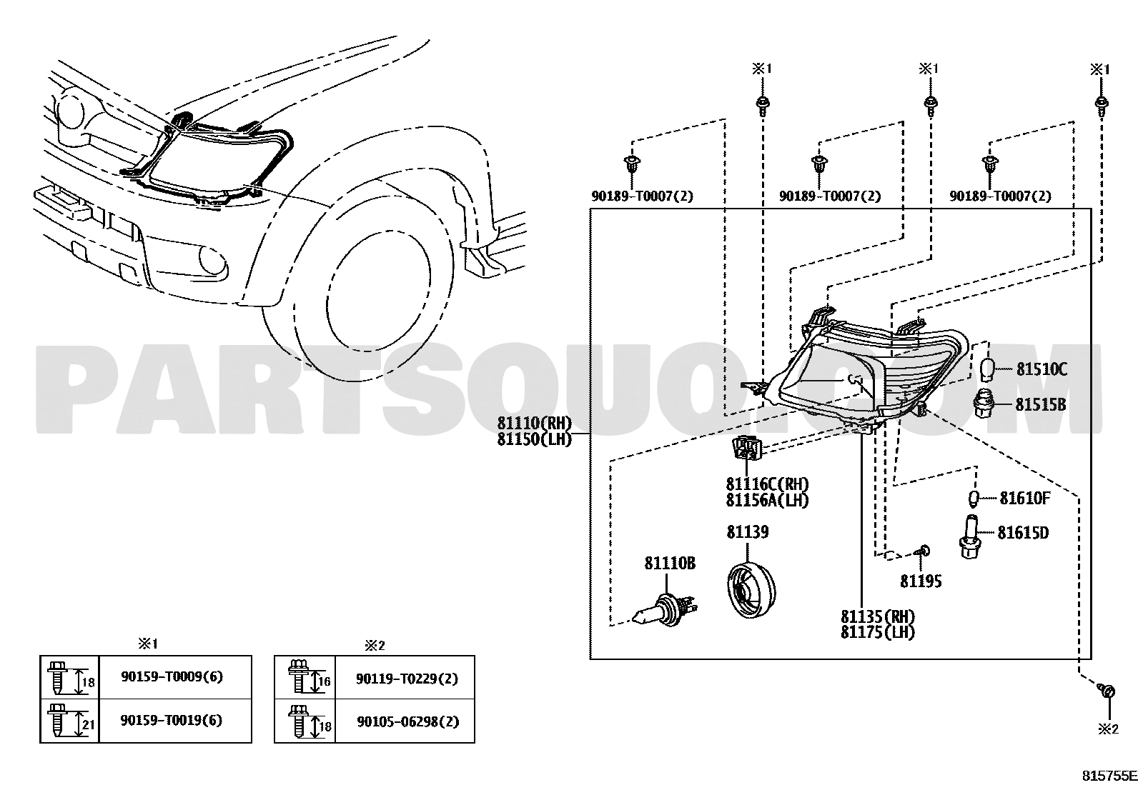 موضع الشمعة الأمامية يمين 81130-0K390 في مخطط هايلكس | Toyota Hilux headlamp EPC diagram