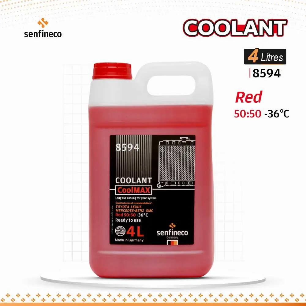 ماء راديتر أحمر 4 لتر بزجاجة بغطاء ومقبض، يظهر الملصق 8594 وشعار CoolMAX وشعار Senfineco