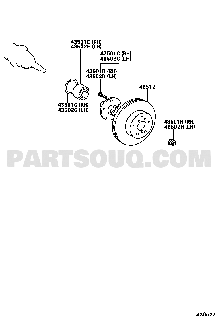 مخطط صرة المحور الأمامي تويوتا لرولمان البلي 90363-40066، النداء 43501E | Toyota front axle hub EPC diagram for bearing 90363-40066, callout 43501E