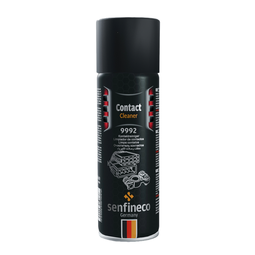 Contact Cleaner 9992 spray can by Senfineco Germany; black label container with hex pattern and German flag.