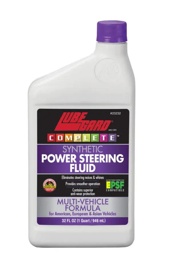 Lubegard Complete Synthetic Power Steering Fluid bottle with purple cap, white container, 32 oz.