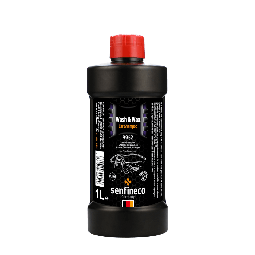 Wash & Wax Car Shampoo 9952 by Senfineco, 1L black bottle with red cap