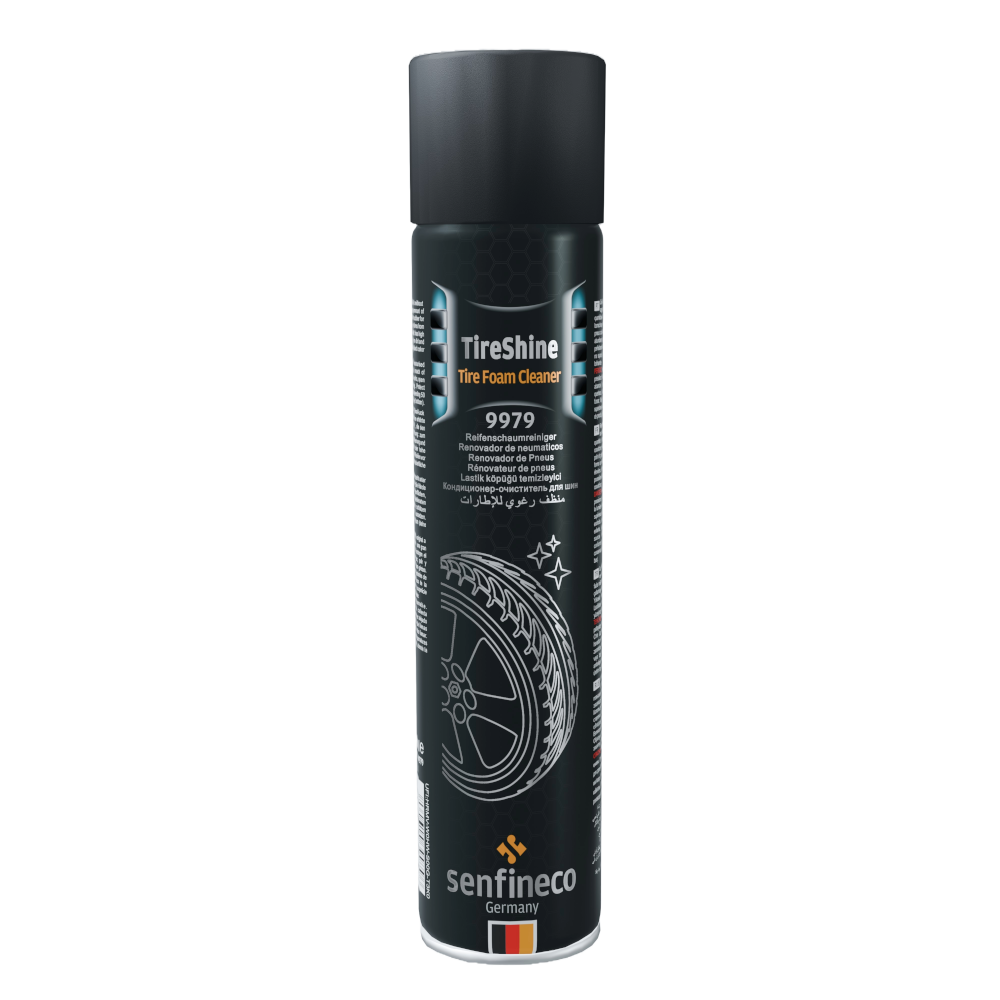 TireShine Tire Foam Cleaner 9979 by Senfineco Germany, black aerosol can with gray cap