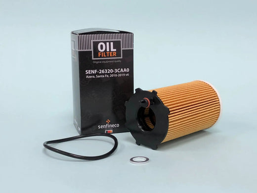 Oil filter SENF-26320-3CAA0 in a black box with orange OIL FILTER label and senfineco branding