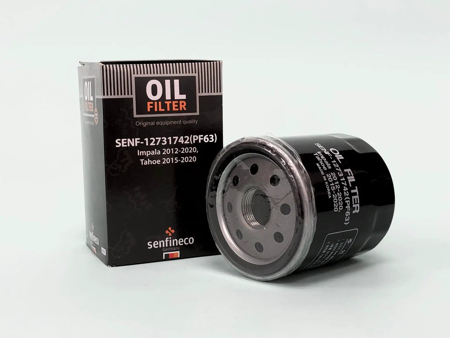 Oil filter SEN PF-63 for Chevrolet Impala, Tahoe/Suburban and GMC Yukon 2012–2020; black box and metal canister