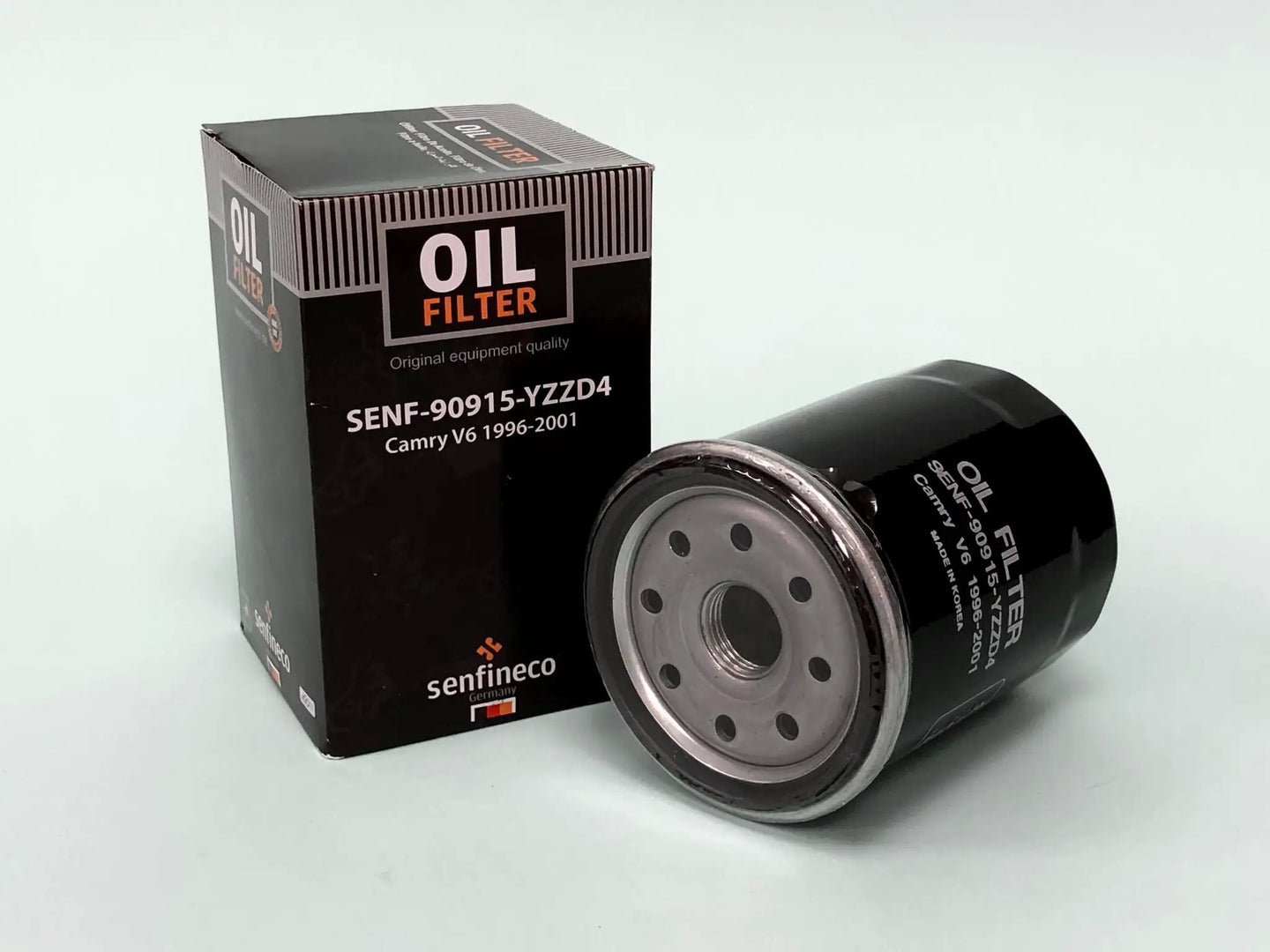 Oil filter SEN 90915-YZZD4 box and canister; Senfineco Germany branding