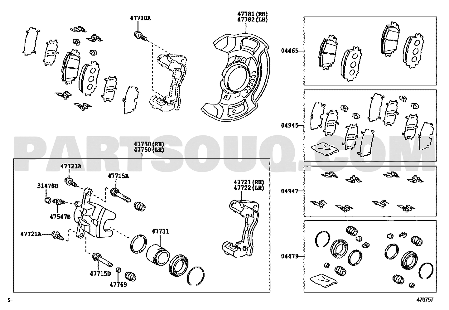 مخطط فرامل أمامية لقطعة تويوتا 04947-42050، الرمز 04947 | Toyota EPC diagram for 04947-42050, callout 04947