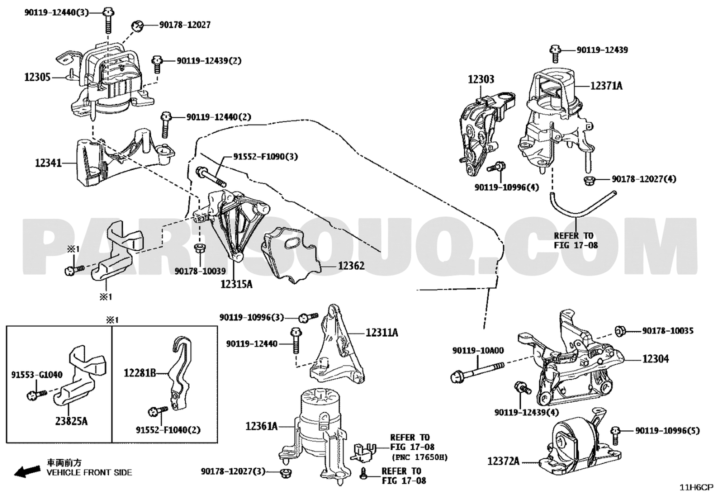 مخطط تركيب قاعدة المحرك يسار Toyota 12372-25011 | EPC diagram