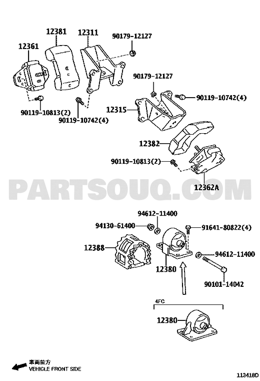مخطط موضع قاعدة المحرك الخلفية 12380-30010 | Toyota EPC engine mounting diagram