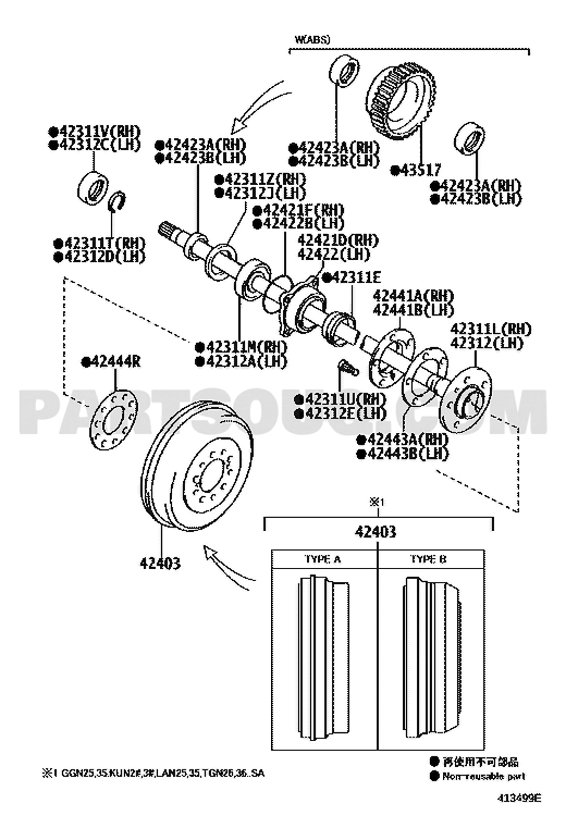 مخطط موضع بيت رمان المحور الخلفي 42421-0K030 | Toyota EPC rear axle bearing case diagram