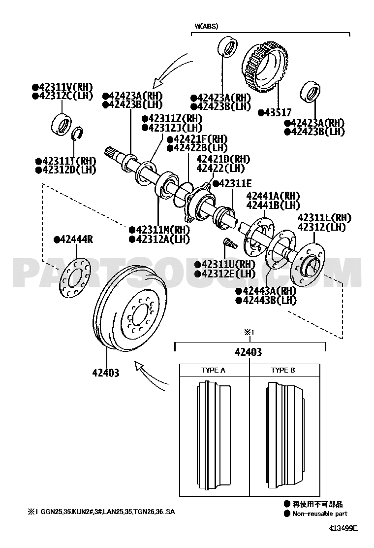 مخطط موضع بيت رمان المحور الخلفي 42421-0K030 | Toyota EPC rear axle bearing case diagram