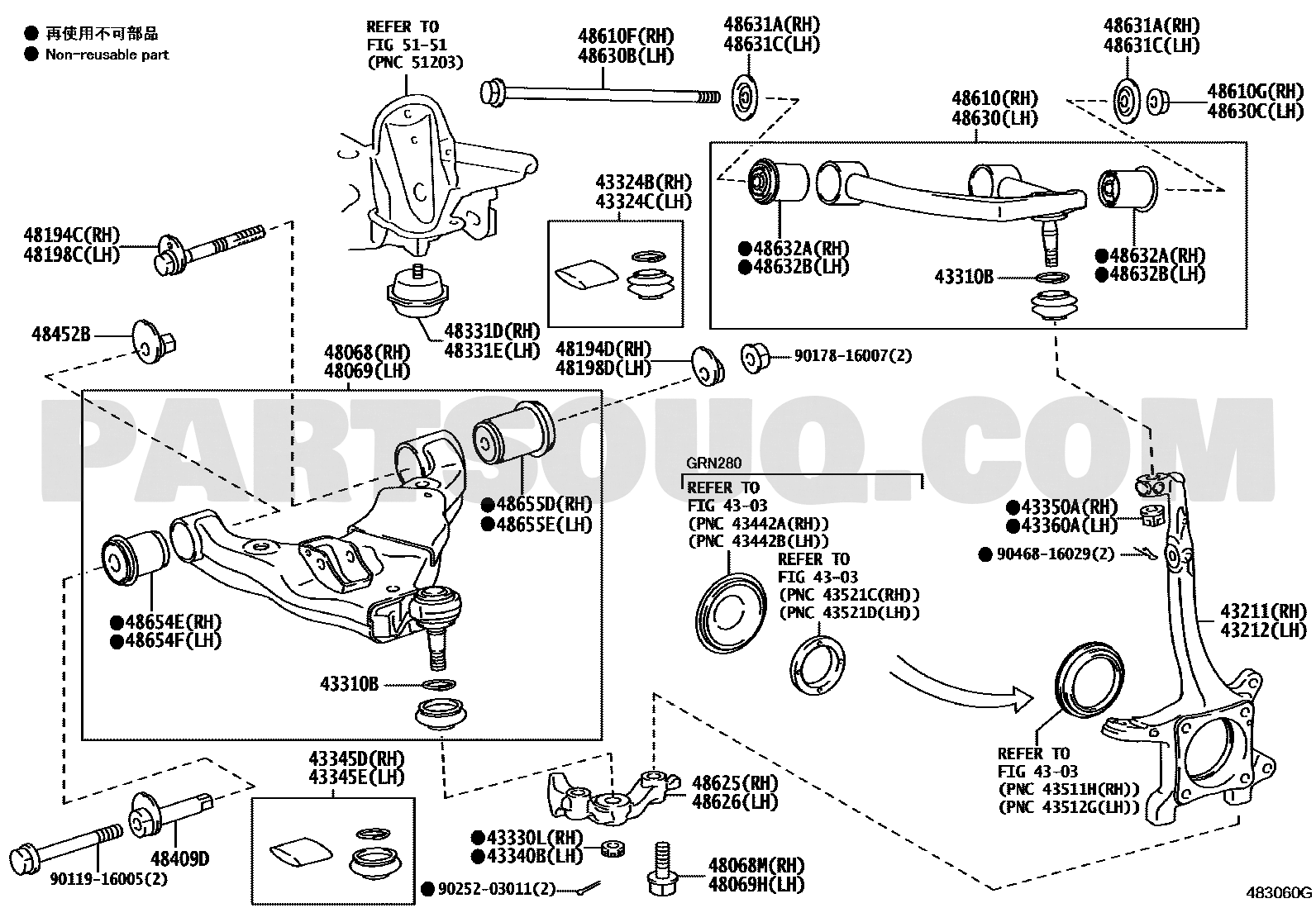 مخطط بوش الذراع السفلي الأمامي تويوتا 48654-60050، الرمزان 48654E و48654F | Toyota EPC diagram for 48654-60050, callouts 48654E and 48654F