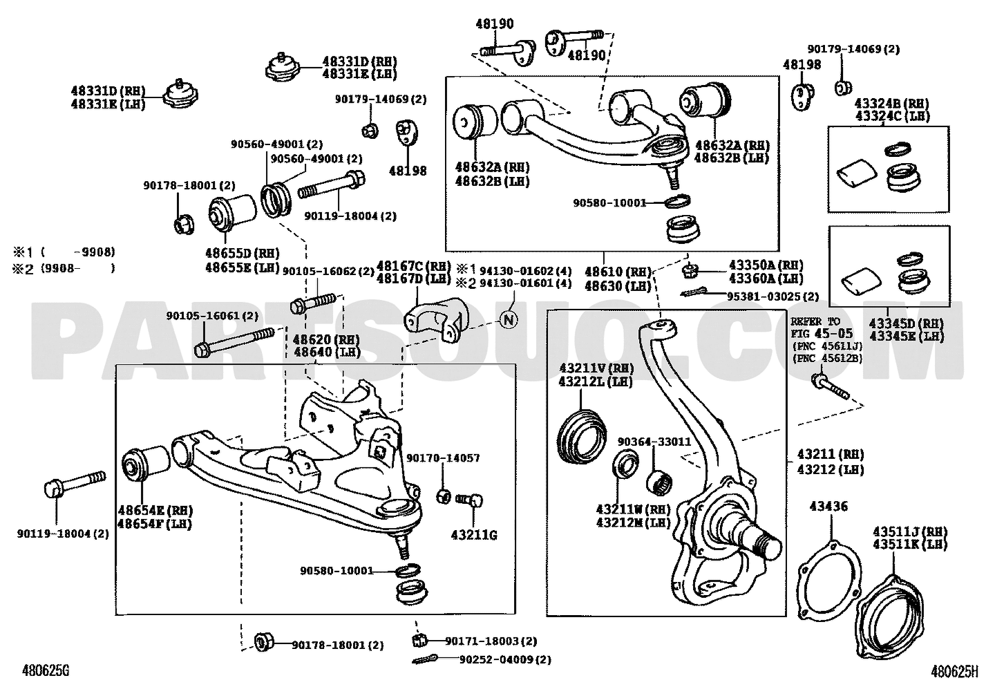 مخطط موضع جلدة المقص 48655-60020، الرمزان 48655D و48655E | Toyota EPC diagram, callouts 48655D and 48655E