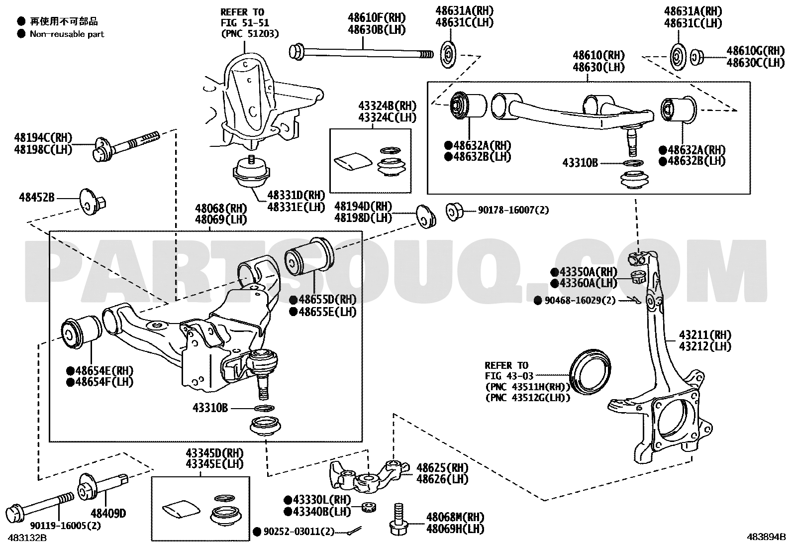 مخطط موضع جلدة المقص الأمامي السفلي 48655-60050 | Toyota EPC lower arm bushing No.2 RH/LH callout 48655