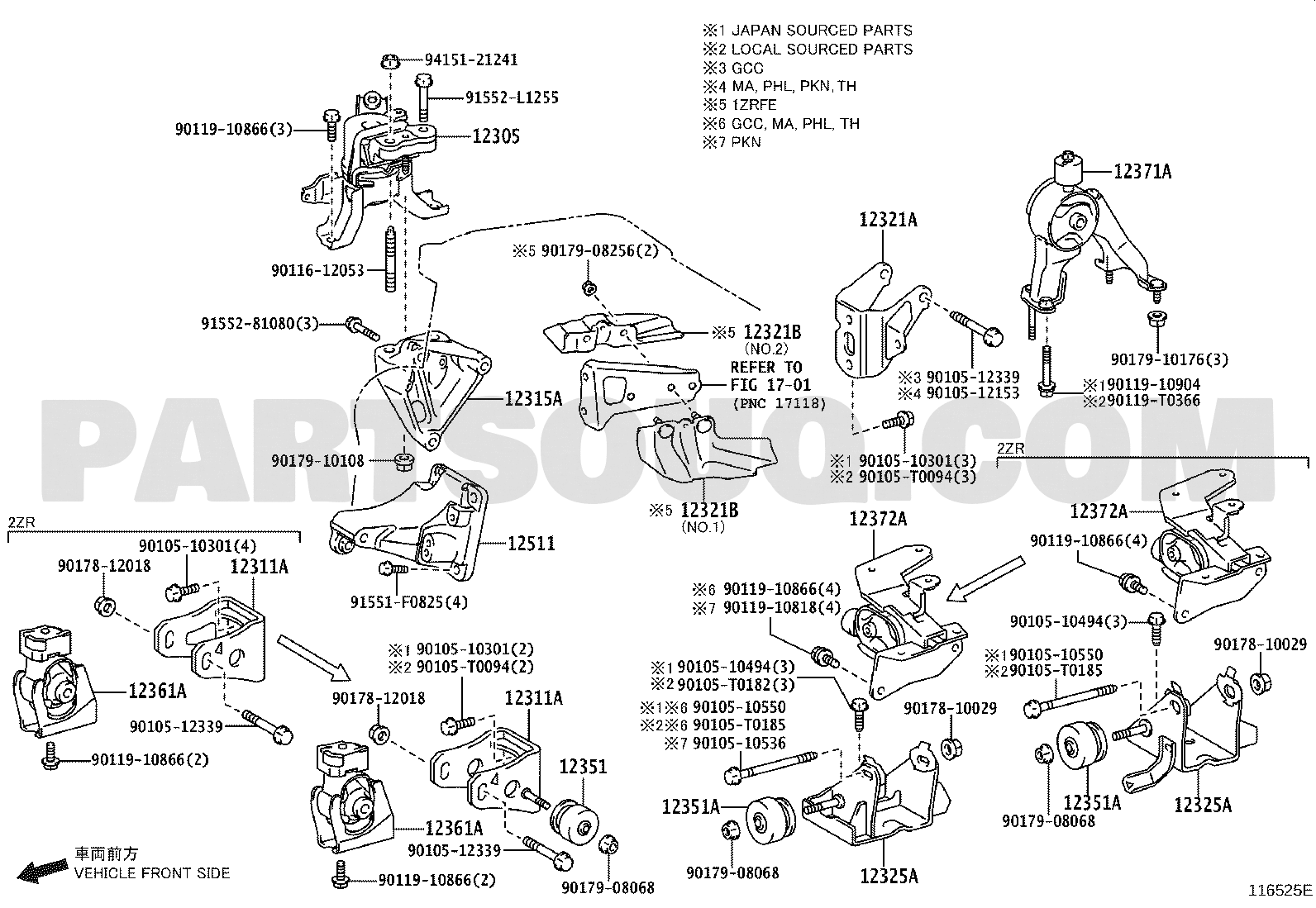 مخطط تركيب قاعدة المحرك الخلفية Toyota 12371-22250 | EPC diagram