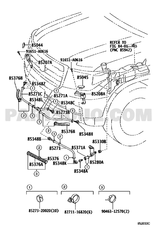 مخطط موضع بخاخ غسيل المصباح الأمامي الأيسر تويوتا 85045-60030-A1، النداء 85045 | Toyota EPC diagram for LH headlamp washer nozzle 85045-60030-A1, callout 85045