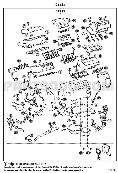 موضع طقم وجيه المحرك 04111-0P182 في مخطط القطع | Engine overhaul gasket kit EPC