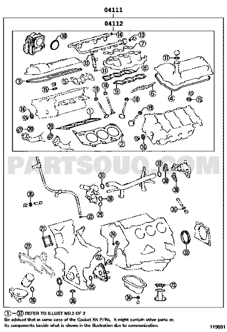 موضع طقم الوجيه 04111-31342 في مخطط محرك تويوتا | Toyota 1GR-FE gasket EPC diagram