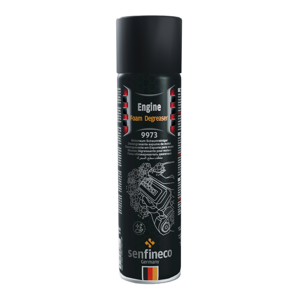 Engine Foam Degreaser 9973 aerosol can by Senfineco Germany; black can with orange lettering