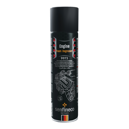 Engine Foam Degreaser 9973 aerosol can by Senfineco Germany; black can with orange lettering