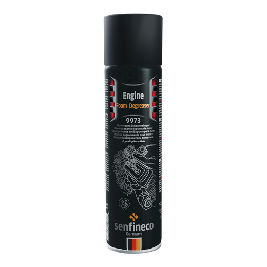 Engine Foam Degreaser 9973 aerosol can by Senfineco Germany; black can with orange lettering