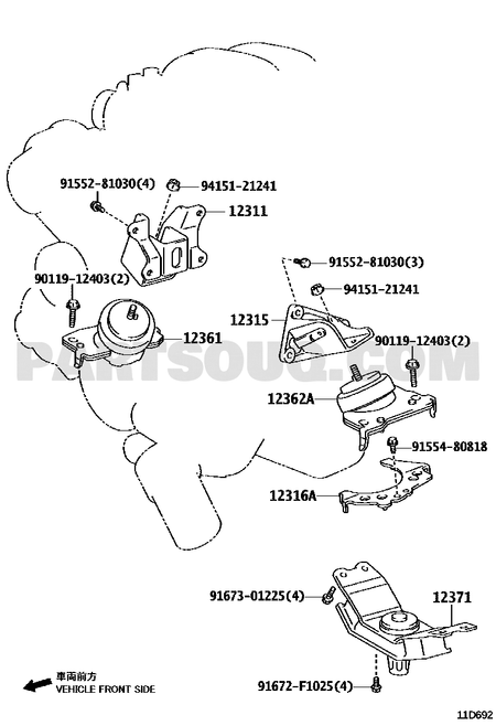 مخطط موضع قاعدة المحرك الأمامية تويوتا 12361-31240