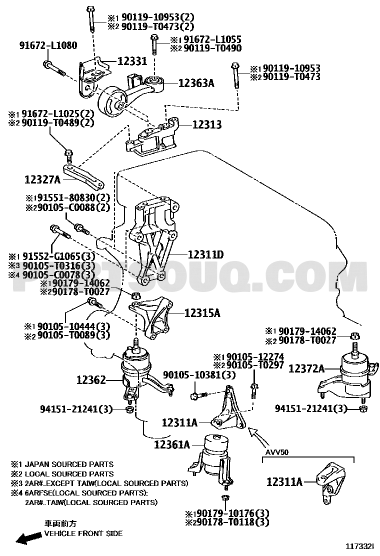 مخطط كتالوج تويوتا لموضع قاعدة المحرك 12362-36052 | Toyota EPC engine mounting diagram