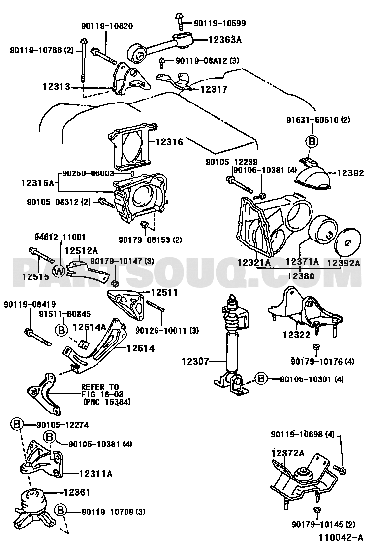 مخطط موضع قاعدة المكينة اليسرى 12372-20010 | Toyota EPC location diagram