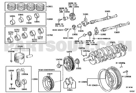 موضع طقم الشنابر 13013-75041 في مخطط محرك تويوتا | Toyota engine piston ring EPC diagram