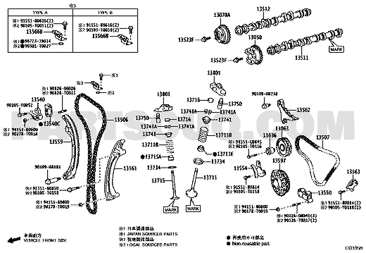 موضع ترس VVT للعادم في مخطط المحرك 13070-75010 | Toyota exhaust camshaft timing gear diagram