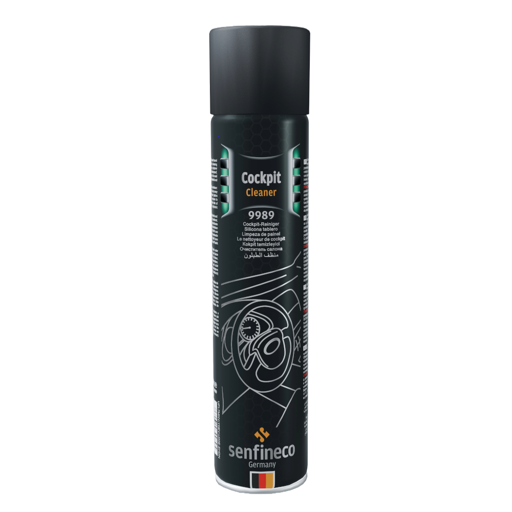 Cockpit Cleaner 9989 spray can, black label with Senfineco Germany branding