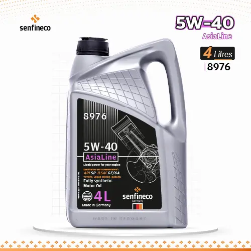 4L motor oil bottle, 5W-40 AsiaLine SP, Senfineco brand, gray plastic container with 8976 label
